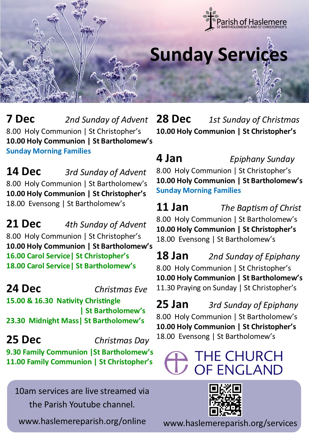 Sunday Services Dec 25- Jan 26